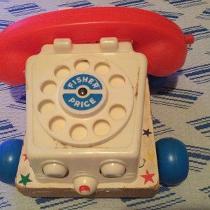 Vintage toy car telephone dial Fisher Price wood base